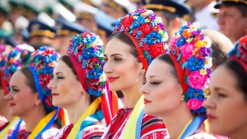 Archive image of Ukrainian women wearing traditional dresses during the Independence Day military parade in Kyiv