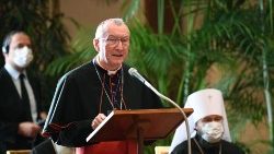 Cardinal Parolin delivers a speech at Monday's "Faith and Science: Towards COP26" event