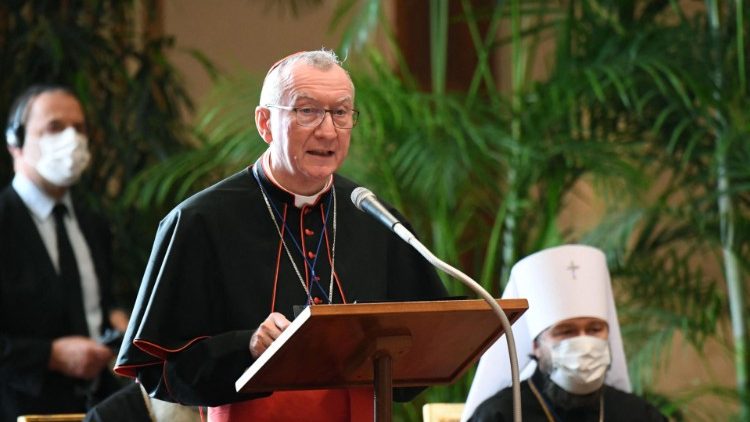 Cardinal Parolin delivers a speech at Monday's "Faith and Science: Towards COP26" event