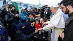 Pope Francis meeting with refugees at the Reception and Identification Center in Mytilene, Greece