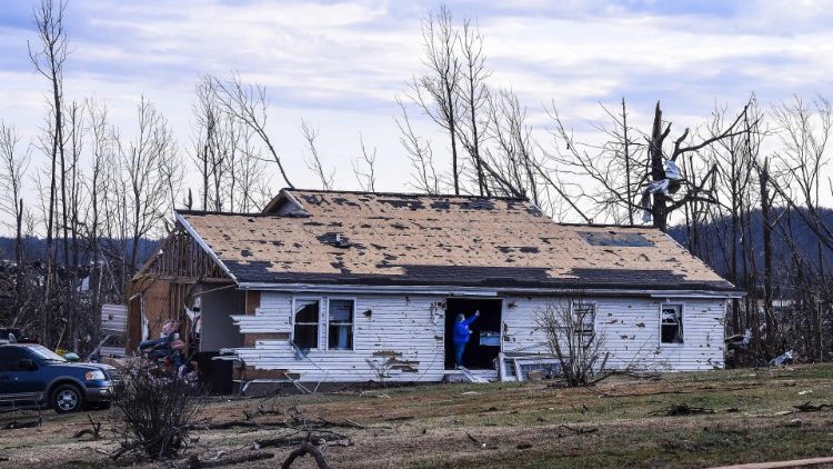 A house badly damaged following tornadoes in Kentucky