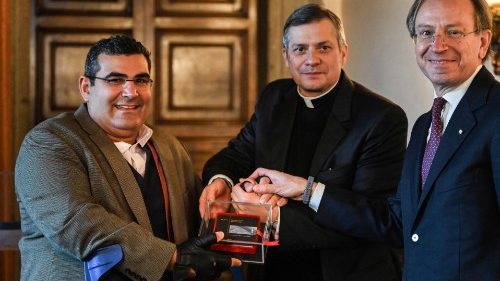 Michael Haddad (L) with Msgr. Lucio Ruiz of the Dicastery for Communication, and Pietro Sabastiani, Italian Ambassador to the Holy See