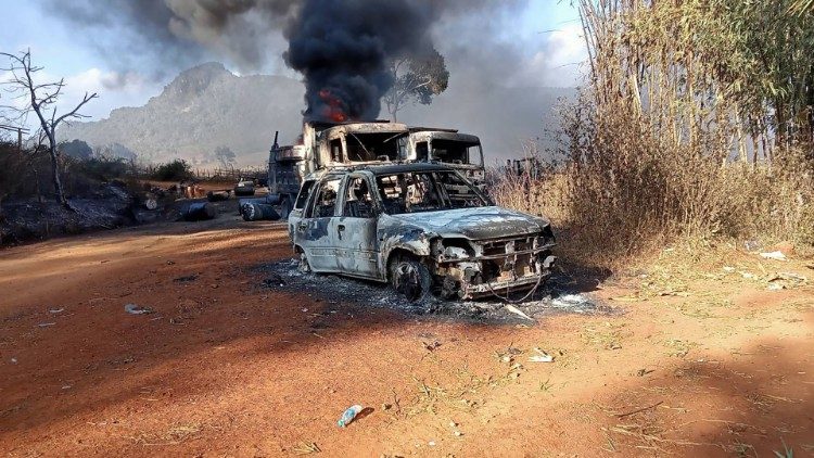 An image from the Karenni Nationalities Defense Force released on 25 December shows burnt vehicles in a village in Kayah State