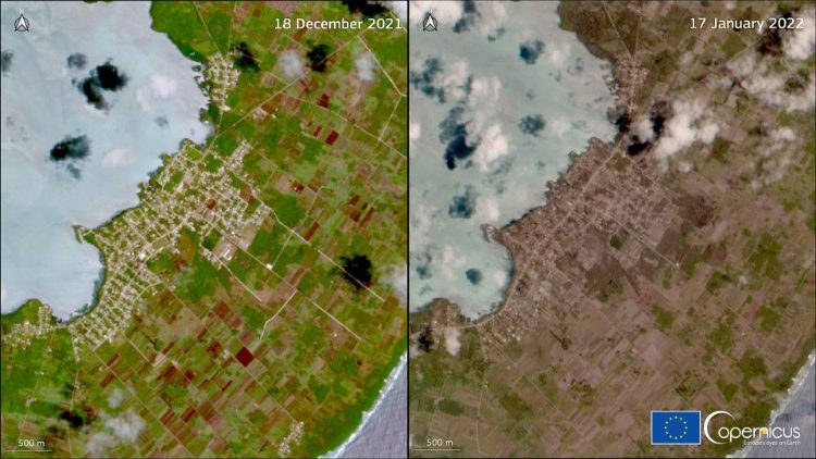 टोंगा में आई सुनामी  के पहले और सुनामी के बाद  की सटेलाईट की तस्वीर