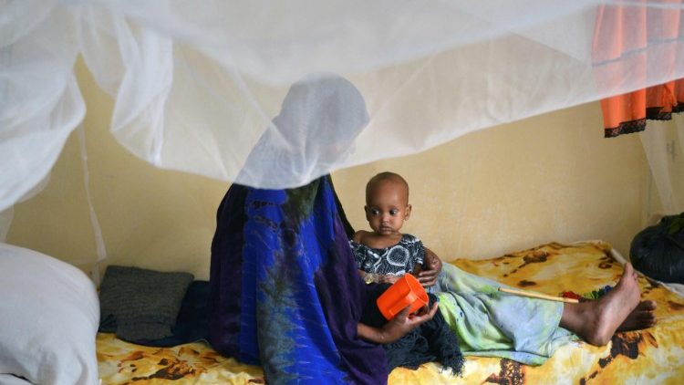 सोमालिया का एक कुपोषित बच्चा अपनी माँ के साथ