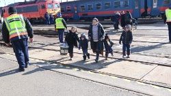 Ukrainian refugees arrive at Zahonyi railway station close to the Hungarian-Ukrrainian border