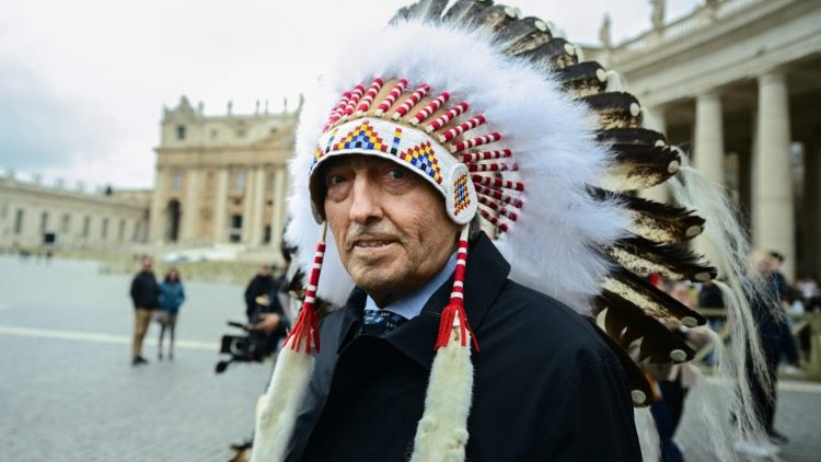 Indigenous leader Phil Fontaine pictured in St Peter's Square in March following a meeting with Pope Francis