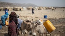 Gruppo di sfollati in Etiopia, colpita dalla carestia