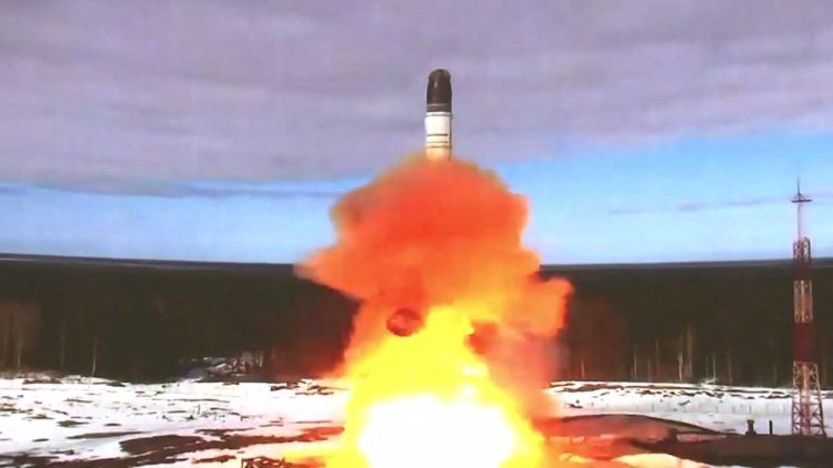 Image from handout video footage released by the Russian Defense Ministry in April 2022 showing test launching of Sarmat Intercontinental ballistic missile