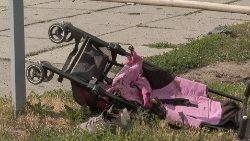 A stroller lying on the ground after missiles hit Vinnytsia