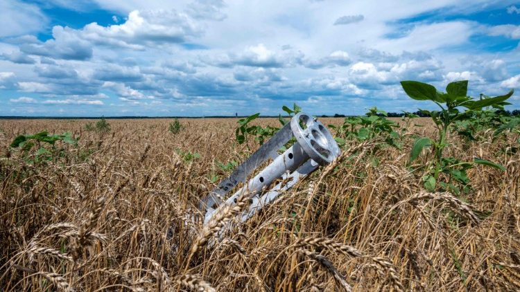 Úlomky rakety, která dopadla na ukrajinské pšeničné pole