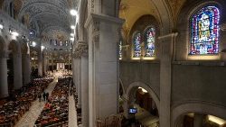 Sanctuaire Sainte-Anne-de-Beaupré, à Québec, le 28 juillet 2022 lors de la visite du Pape François. 