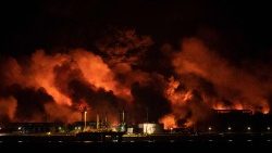 Flames and smoke rise from a massive fire at the Matanzas fuel depot