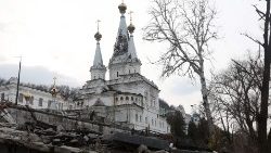 The partially damaged Sciatohirsk Cave Orthodox Christian Monastery in the Donetsk region