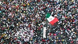 Aerial view of the march led by President Lopez Obrador to commemorate his fourth year in office