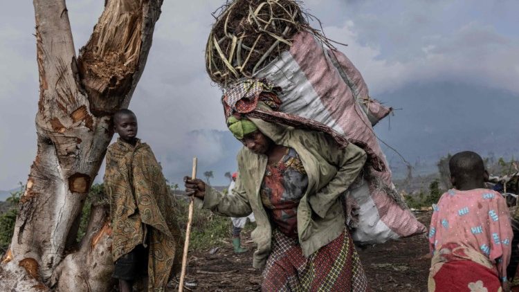 Pessoas deslocadas internamente (IDP) carregam carvão da floresta ao pé do vulcão Nyiragongo no Parque Nacional de Virunga em 13 de janeiro de 2023 para o mercado em Kibati. (Foto de Guerchom Ndebo / AFP)