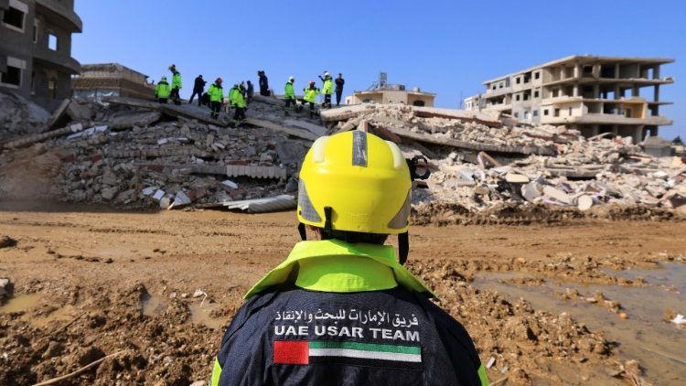Emirati rescuers continue their search and rescue operations in Jableh, Syria