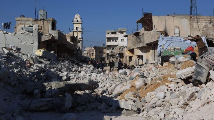 The rubble of collapsed buildings in Aleppo, Syria