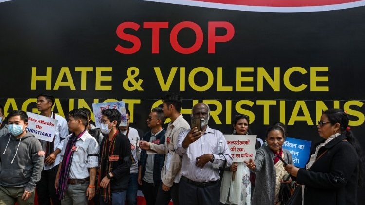 Vertreter der christlichen Gemeinschaft nahmen am 19. Februar 2023 in Neu-Delhi an einer friedlichen Protestkundgebung gegen die zunehmende Feindseligkeit, den Hass und die Gewalt gegen Christen teil.