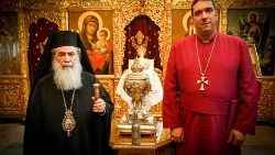 The Orthodox Patriarch of Jerusalem, Theophilos III; and the Anglican Archbishop of Jerusalem, Hosam Elias Naoum with the sacred oil that will be used in the coronation ceremony