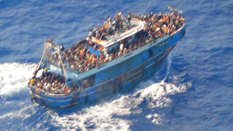 An aerial photo of the ship carrying hundreds of migrants off the coast of Greece