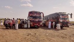 Sudanese fleeing violence gather in Gadaref, the capital of Sudan's eastern state of Gadaref, on 3 July 2023.