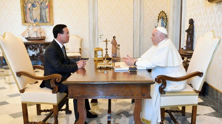 (File photo): Pope Francis with Vietnam's President, Vo Van Thuong during an audience in the Vatican on 27 July 2023 