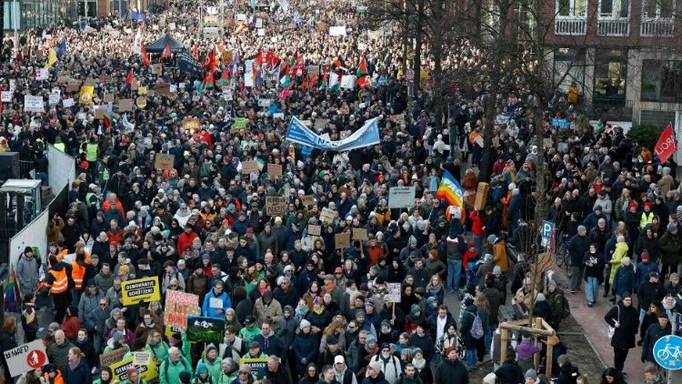  Protesters take part in a demonstration against racism and far-right politics on January 28, 2024 in Hamburg