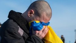 File photo of a former Ukrainian prisoner of war reacting after a prisoner exchange