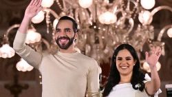 President Nayib Bukele and his wife greet supporters after Saturday's elections
