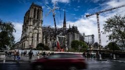 Scaffolding and cranes around the Notre-Dame de Paris Cathedral during ongoing reconstruction work five years after the 2019 fire