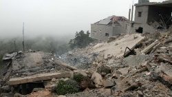 A house lies in ruins in the border village of Kfarshuba, southern Lebanon