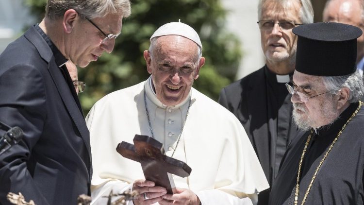 Pápež František pri návšteve Svetovej rady cirkví v Ženeve (21. júna 2018)