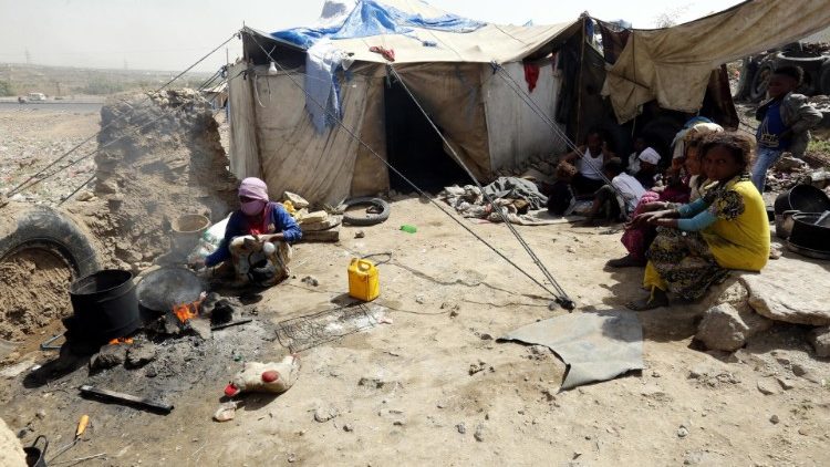 A makeshift shelter of a displaced Yemeni family near Sana'a, Yemen.