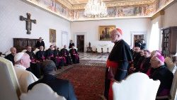 An archive photograph shows Pope Francis during an audience with a group of US bishops on their Ad Limina visit to the Vatican in November 2019 