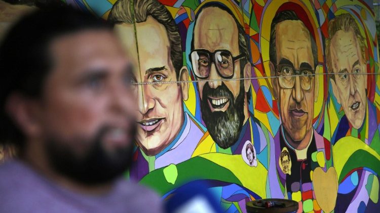 A mural on El Salvador's martyrs includes the 6 Jesuits assassinated in 1989.    