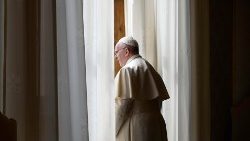 Papež Frančišek pred enim od oken v knjižnici apostolske palače v Vatikanu.