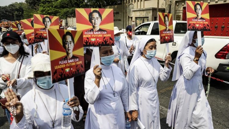 Catholic nuns in Yangon, Myanmar, joining protests against the military coup. 