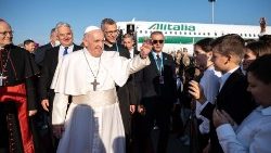 File photo of Pope Francis arriving for 2021 visit to Hungary, alongside Cardinal Peter Erdo of Esztergom-Budapest