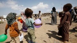 Displaced Yemeni children at play at an IDP camp on the outskirts of Sana'a, Yemen