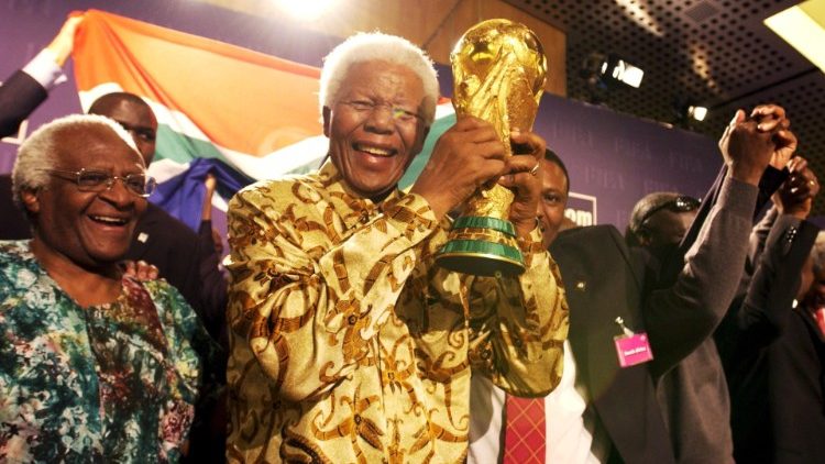 Archbishop Tutu and former President Mandela celebrate the announcement of the World Cup in South Africa in 2004 