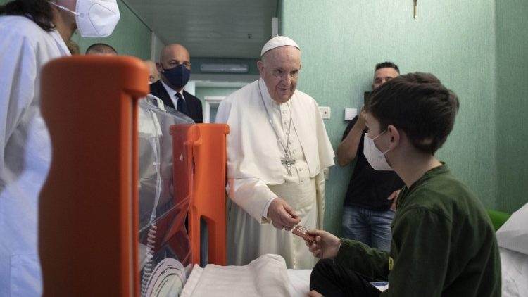 Pope Francis meets Ukrainian children at Rome's Bambino Gesu children's hospital. 