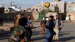 File photo of Yemeni youth playing volleyball on the International Day of Sport for Development and Peace
