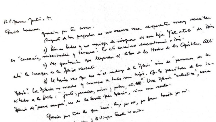 Handschriftlicher Brief des Papstes an P. Martin vom Mai 2022
