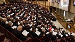 Bischöfe und Laien in der Neuen Synodenaula im Vatikan, ganz vorn in Weiß der Bischof von Rom
