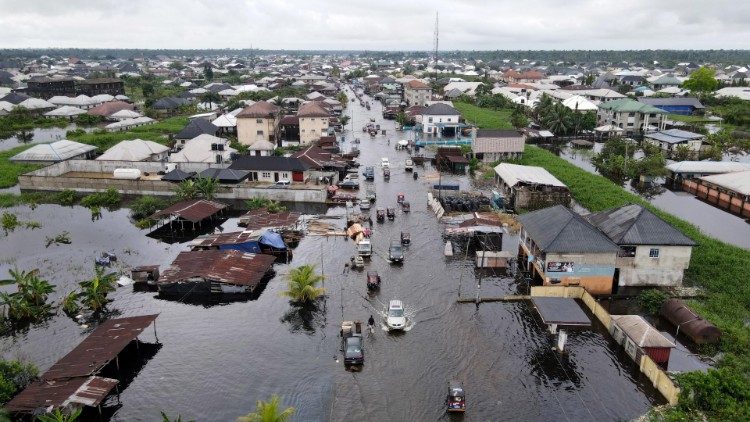 An aerial view shows the aftermath of the flooded landscape of Yenagoa, the capital town of Bayelsa, Nigeria