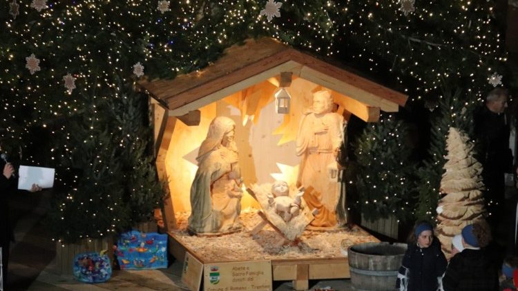 The Nativity Scene set up in front of the Basilica of St Francis in Assisi