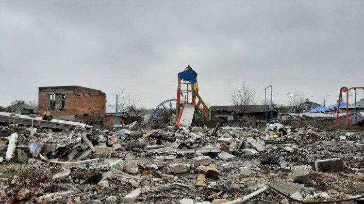 The bombarded city of Izuym in Ukraine