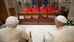 Ein emeritierter und ein amtierender Papst empfangen Kardinäle