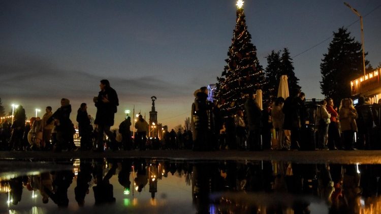 A Christmas tree stands at the VDNH exhibition complex in Kyiv